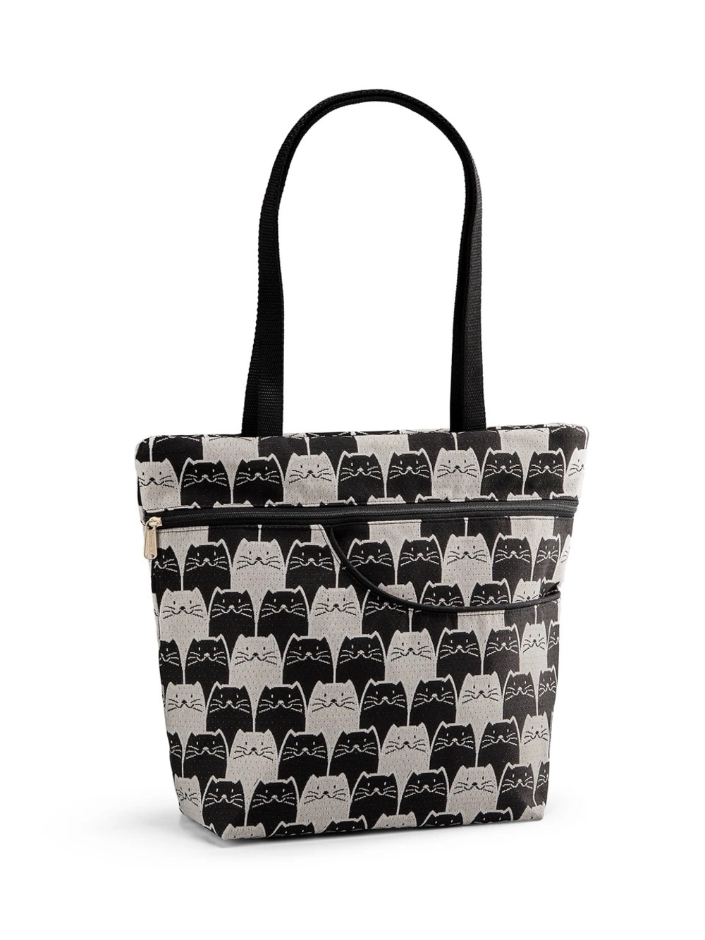 Danny K. Isabella Cat Print Tote Shoulder Bag Tapestry Zip Pockets Black Cream